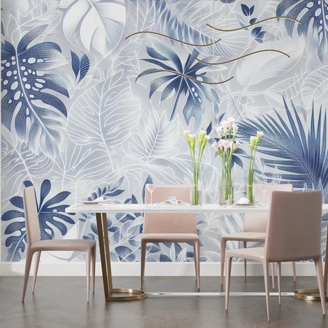 Papier Peint Tropical - Fleurs et Feuilles Blanches et Bleues - 150 x 250 cm (1/2)