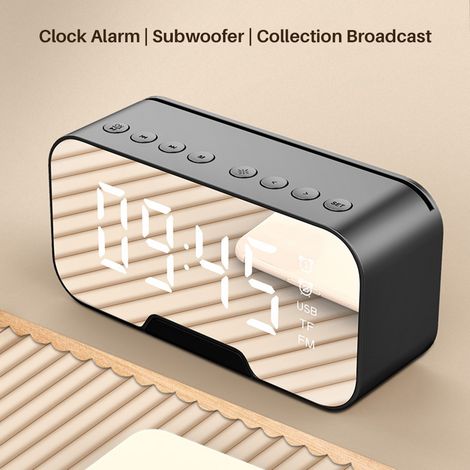Réveil de chevet Bluetooth avec miroir et LED, radio FM, sans fil, idéal pour la chambre, le bureau ou les voyages. Parfait pour la chambre, le bureau ou les voyages. (1/5)