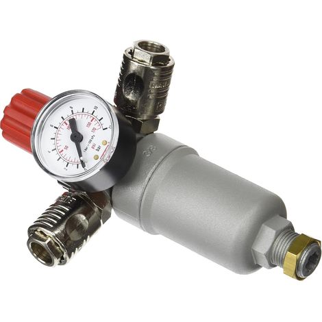 Druckregler mit Manometer – 1 Stück – Metall und Kunststoff – Filterung und doppelter Schnellverschlussanschluss – Für Werkstatt- und Druckluftwerkzeuge – 3/8 Zoll