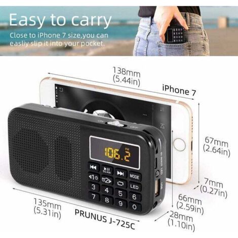 Portable Radio, FM Radio with Large Capacity Rechargeable Battery (3000mAh), Support MP3/SD/USB/AUX,Black (1/4)