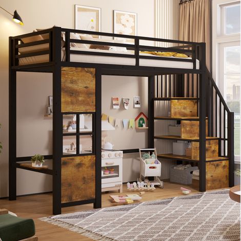 Letto a soppalco 90/200 cm in metallo e MDF, nero, con scala contenitore e spazio aperto (1/5)