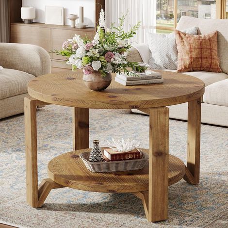 Tribesigns Massivholz Runder Couchtisch, 80 cm Couchtisch mit Zwei Ablageflächen für das Wohnzimmer und kleine Räume, mit Geriffeltem Trommelfuß und Stauraumnische, Walnuss
