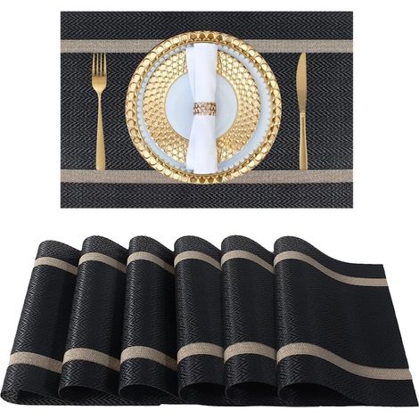 Lot de 6 sets table noirs fil or 30x45 cm, vinyle durable facile nettoyage, usage mariage/banquet/restaurant