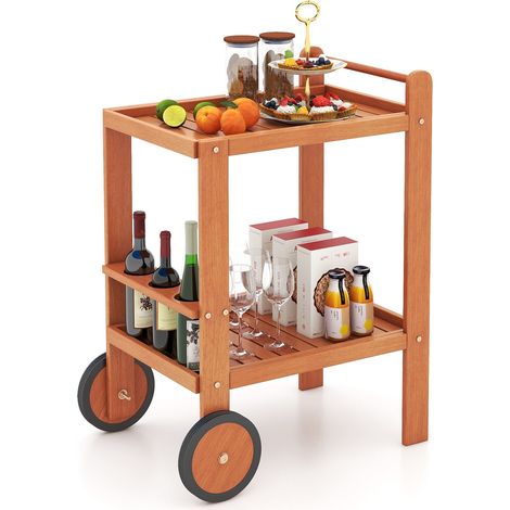 COSTWAY Wood Bar Cart 2 Tier Rolling Serving Cart w/Wine Bottle Holders (1/5)