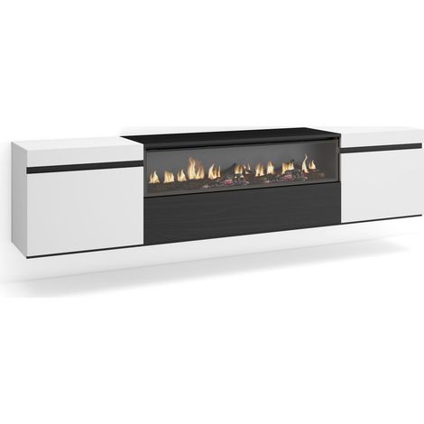 Skraut Home – Meuble TV suspendu moderne avec cheminée électrique – Grand espace de rangement 200x35x45cm – Pour TV jusqu'à 80" – Noir et blanc (1/5)