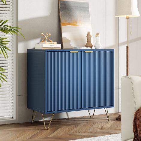 Credenza contenitore 80x40x78 cm con 2 ante scanalate e piedini dorati - Mobile moderno per cucina o soggiorno - MDF - Blu scuro