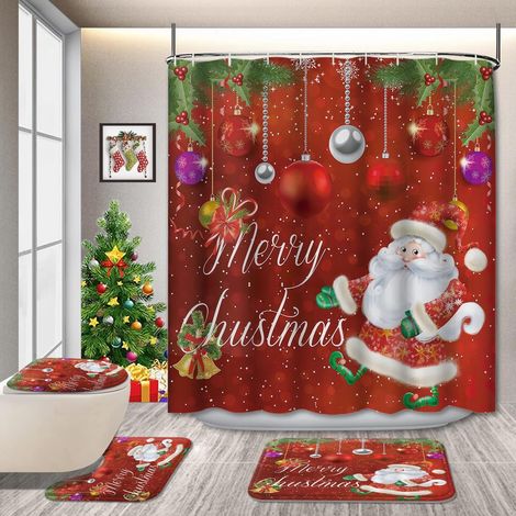 Rideau De Douche De Noël - Tapis Anti-dérapant - Couvre-cuvette - Tapis De Sol Carré - Lot De 4 Pièces - 72x72 Pouces - Flanelle Et Caoutchouc (1/5)