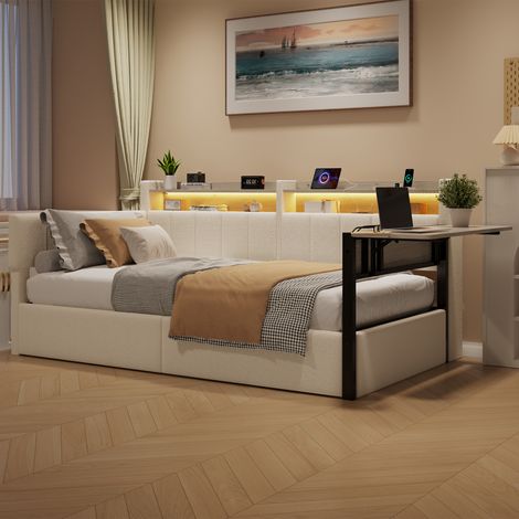 Lit banquette coffre 90x200 cm, lit simple en velours blanc, rangement hydraulique, LED RGB via appli, USB/USB-C, table pliante, chevets réversibles (1/5)