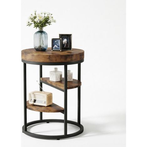Tavolino laterale rotondo a 3 livelli in legno e metallo marrone rustico 50 x 65 cm HOMVRA (1/5)