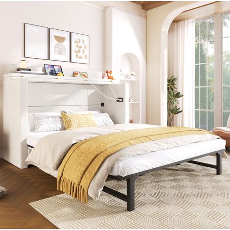 Cama abatible 140x200 cm de lino beige, cajón USB, ahorro de espacio, sin colchón – MEUBLIV (1/5)
