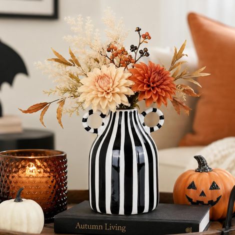 Vase aus schwarzer und weißer Keramik mit Poignée, Petit Vase Nordique Bohème für Table d'appoint, Centre de Table, Vase à Fleurs Simple (1/5)