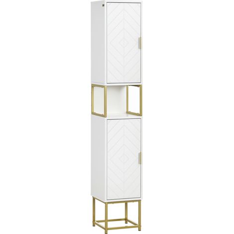 Colonne de salle de bain avec 2 placards et une étagère en MDF et acier, 30 x 30 x 170,7 cm, blanc et or (1/4)