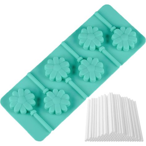 Moldes de silicona para piruletas JSSEVN, 6 cavidades, forma de flor, incluye 12 palitos - Antiadherentes para hacer piruletas (1/5)