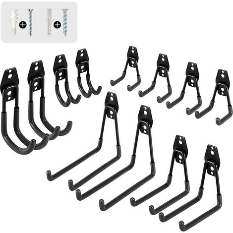 VURAHOME - Lot de 12 crochets doubles de rangement pour garage, crochets muraux, crochets pour appareils électroménagers, multi-taille, porte-outils en fer robuste, support mural pour vélo, échelle de (1/5)