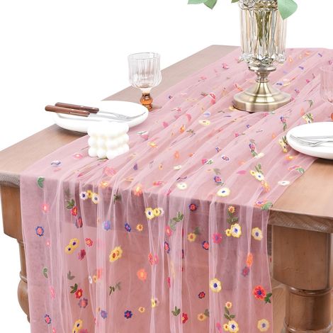 CCYKXAChemin Table Brodé de Marguerites, 72 x 300cm Chemin de Table Fleuri Tulle, Exquis Tables Runner à Marguerites Printanier pour Fêtes, (Rose) (1/5)