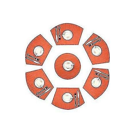 Set de 7 sets de table ronds en forme de coin avec centre de table, résistants à la chaleur et lavables - Orange