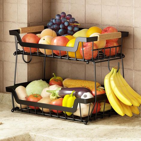 Zweistöckiger Obstkorb für die Arbeitsplatte mit zwei Bananenhaken, ideal für die Küche.