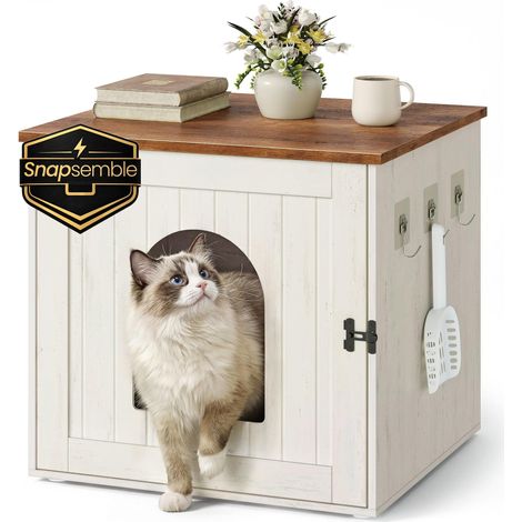 Meuble litière pour chat cache-litière pratique 55 x 50 x 50 cm style rustique ambiance cosy en aggloméré blanc (1/2)