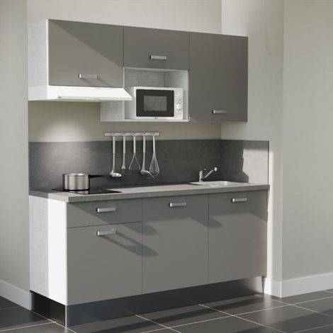 Kitchenette K30L-PT - 180 cm - plan stratifié, évier inox, - Façade Gris - Plan Gris béton - Evier Inox - Crédences Oui + Electroménager inclus coloris Blanc