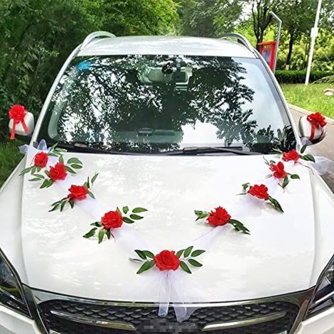 Kit Decoration Voiture Mariage Champetre, Decoration Mariage Voiture Chic, Décoration Voiture Mariage Tulle Et Roses, Noeud Deco Voiture Mariage Retroviseur Ruban Fleurs Seche Ventouse (1/5)