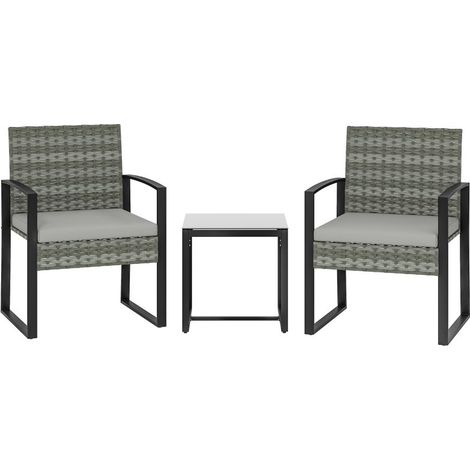 Conjunto bistrô de jardín 3 piezas de poliratán gris claro: 2 sillones y mesa baja, equipado con cojines extraíbles (1/5)