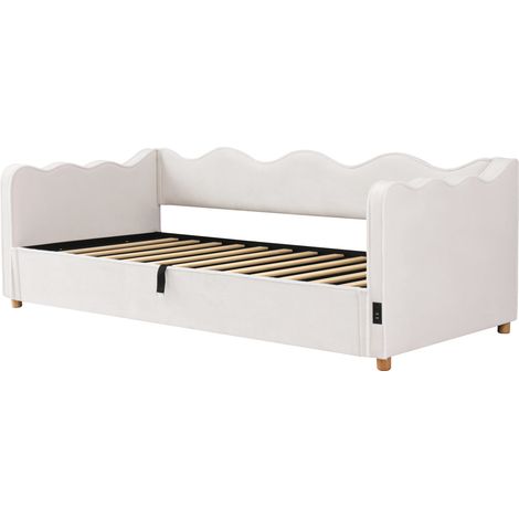 Tagesbett 90x200 cm mit hydraulischem Stauraum, beigem Samt, USB und Kopfteil, mit Lattenrost (1/5)