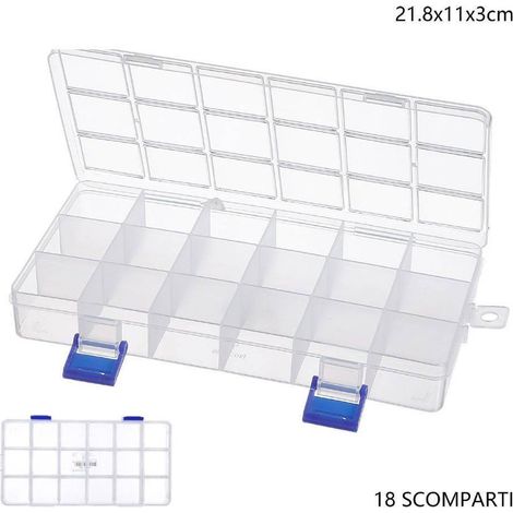 TrAdE Shop Traesio - Scatola Portaoggetti 18 Scomparti Pratica Scatola Contenitore Dim 21.8x11x3 Cm -