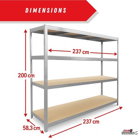 Euro Vanadium – Etagère monobloc métallique 2M x 2,37M – Charge 1400 kg – Plateaux en MDF 6,5 mm – Patins antidérapants pour stabilité