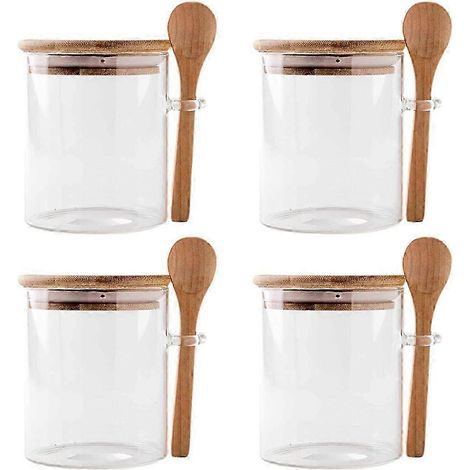 Ensemble de 4 bocaux de conservation pour flocons d'avoine à préparer la veille, avec couvercles et cuillères pour un portionnement facile. (1/5)