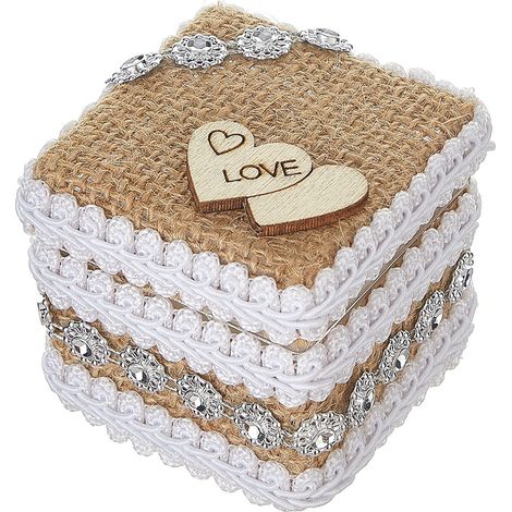 [Quadratische Jute-Ringbox] Handgefertigte und kreative Ringbox, ideal für Valentinstag, Verlobungen oder als Accessoire für Brautjungfern-/Trauzeugenringe oder sogar als Mini-Doppelherz-Ringbox. (1/3)