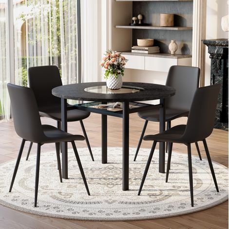 Ensemble de salle à manger rond MDF et métal brun/noir, table Ø100 cm avec 4 chaises en PU noir et plateau en verre (1/5)