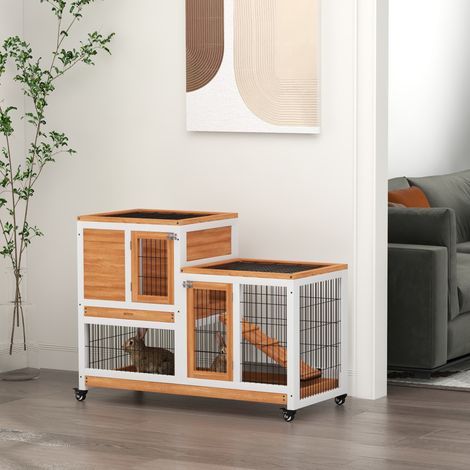 Conigliera in legno a 2 livelli, gabbia per conigli con ruote, rampa e vassoi rimovibili, 110x50x88 cm, colore naturale.