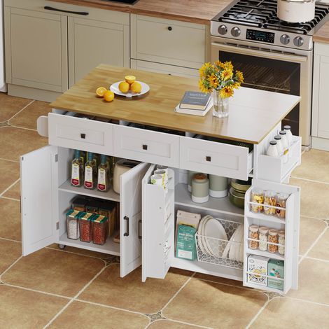 Isla de cocina 140x43x90,5 cm en MDF blanco, con almacenaje, ahorro de espacio FloraGrace (1/5)