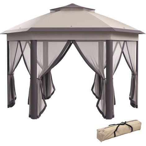 Sechseckiger Faltpavillon (4x4 m), wasserdicht, Doppeldach mit 6 Seitenwänden, faltbares Partyzelt für Garten, Terrasse und Veranstaltungen im Freien, sandbeige