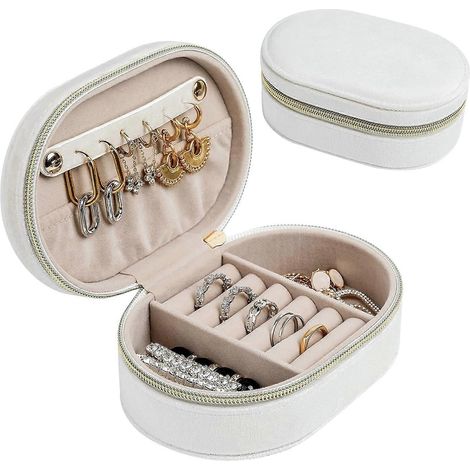 Boîte à bijoux de voyage en velours peluche, petit étui à bijoux pour femme, organisateur de bijoux de voyage (ivoire) (1/4)