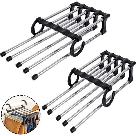 2 Pièces Cintres Pantalons, Cintre Gain de Place, Cintre Pantalon Multiple, Acier Inoxydable Multifonction Pliable Antidérapant Porte Jeans pour Jeans, Pantalons, Cravate, Vêtements, Serviettes, Noir (1/5)