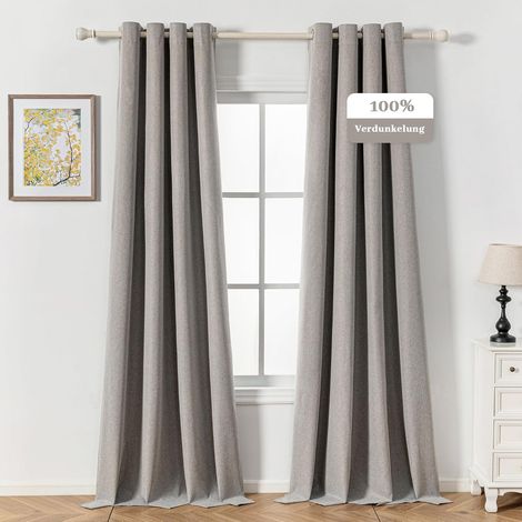 Beige Linen Thermal Blackout Curtain, 140 x 260 cm (L x H) - Anti-Cold, Eyelet Curtains, Opaque Heat for Living Room, Home, Pack of 2 (1/5)