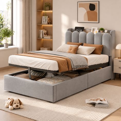 Modernluxe - Lit coffre enfant capitonné 90x200 cm - Tête de lit capitonnée - USB et Type-C, lampe de lecture - Velours - Gris (sans matelas) (1/5)