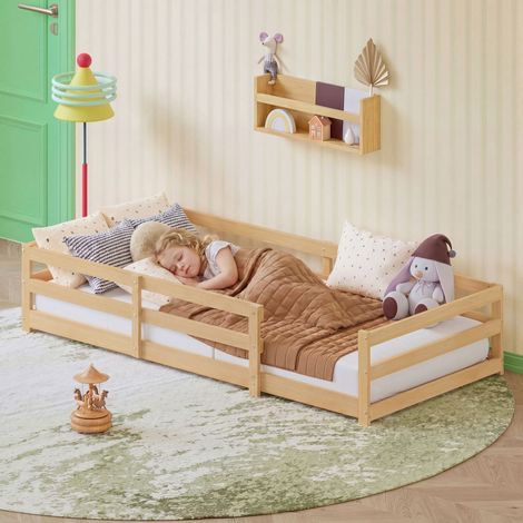 Lit Montessori au sol avec bordure de sécurité – sans sommier à lattes, lit plat pour enfant en pin, montage simple (90 x 200 cm, naturel)