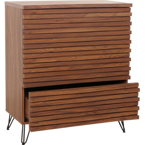 Commode HWC-M49, Buffet armoire Highboard, design 3D 3 tiroirs bois massif mangue métal 94x80x45cm - aspect noyer