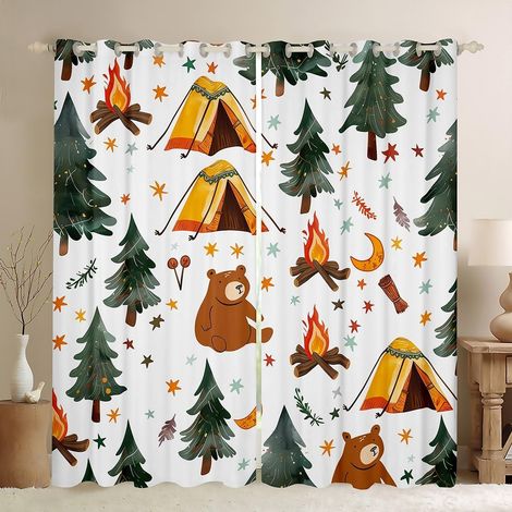 Rideau de fenêtre de camping, aventure, cartoon, tente, rideau de fenêtre pour filles et garçons, animaux sauvages mignons, étoiles, arbres de lune, rideaux de traitement de fenêtre pour - 137x117cm ( (1/5)