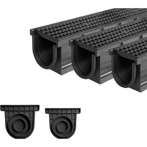 Lot de 3: 1000 x 155 x 138 mm Caniveau Terrasse en PEHD Noir avec Grille, A15 caniveau extérieur de Drainage en PEHD, 3m, pour l'allée, Le Jardin, la terrasse, Le Cour (1/5)