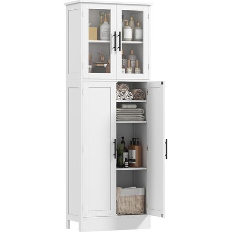 Armoire de salle de bain haute avec étagères réglables, portes en verre et en bois, 60 x 30 x 170 cm, blanche