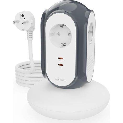Multiprise Tour 3 Prises AC + 2 USB-C (30W), 3680W/16A, Protection 1420J, Base Anti-basculement, câble 2 m, Protection Contre Les surcharges, Compatible Type C/E/F (Gris Basalte) (1/5)