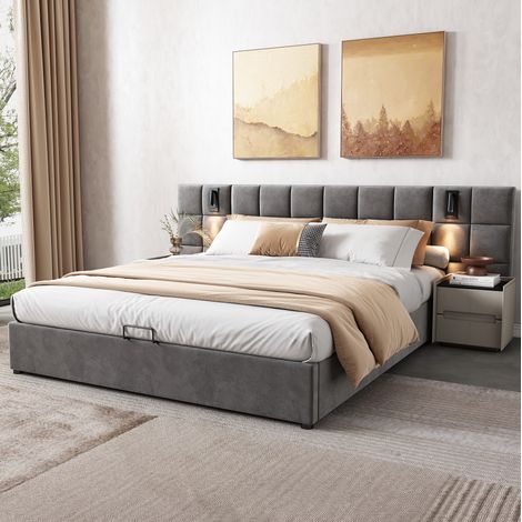 Polsterbett Samt Grau 160x200 cm mit Stauraum, USB-Anschluss, Leselicht und Lattenrost (1/5)