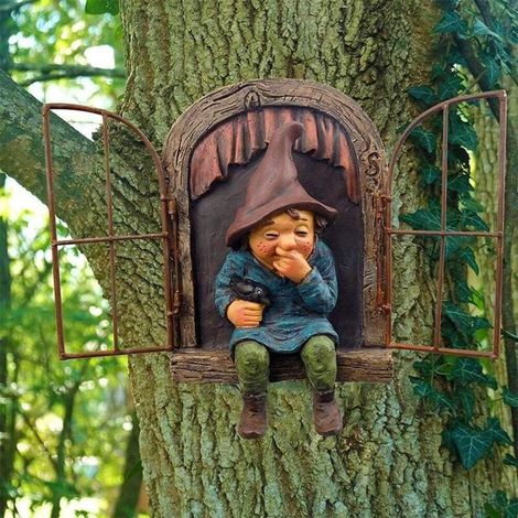 Statue de nain de jardin féerique fantaisiste, décoration d'extérieur avec visages d'arbres - 15 cm, décoration amusante pour arbre de jardin, idéale pour patio, cour, pelouse, porche