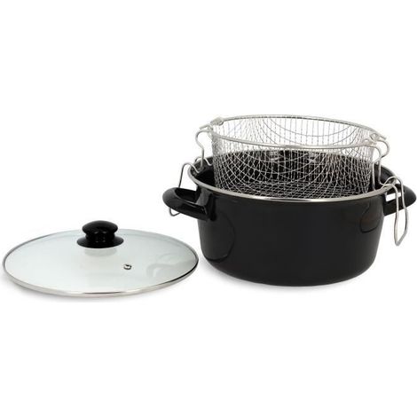 Friteuse électrique en acier émaillé noir 26 cm – Panier inox – Compatible tous feux dont induction – Couvercle en verre avec trou vapeur (1/5)