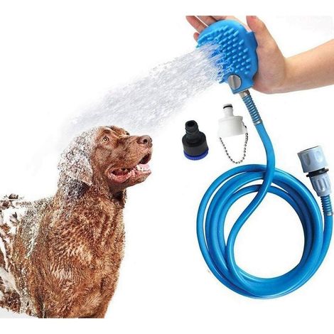 Cabezal de ducha azul para mascotas con cepillo, manguera de PVC de 2,3 m de largo y 2 adaptadores para perros y gatos. (1/5)