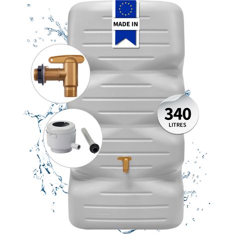 Garantia – Récupérateur d'eau de pluie 340L – Réservoir gris béton avec robinet de vidange et filtre de descente – Installation extérieure