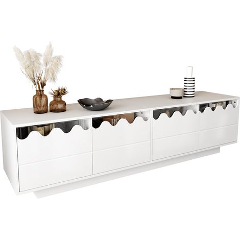 Meuble TV blanc à 4 portes et design ondulé, 170 x 40 x 45 cm, avec étagères en verre trempé et grand rangement pour salon moderne et coin multimédia – CHICFURN (1/5)